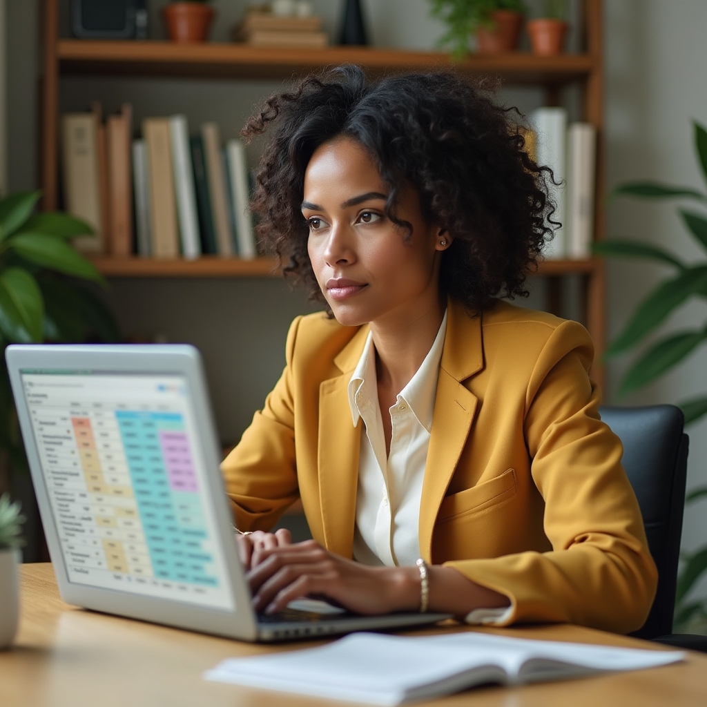 Mid-career professional working through a spreadsheet exercise at a home office desk