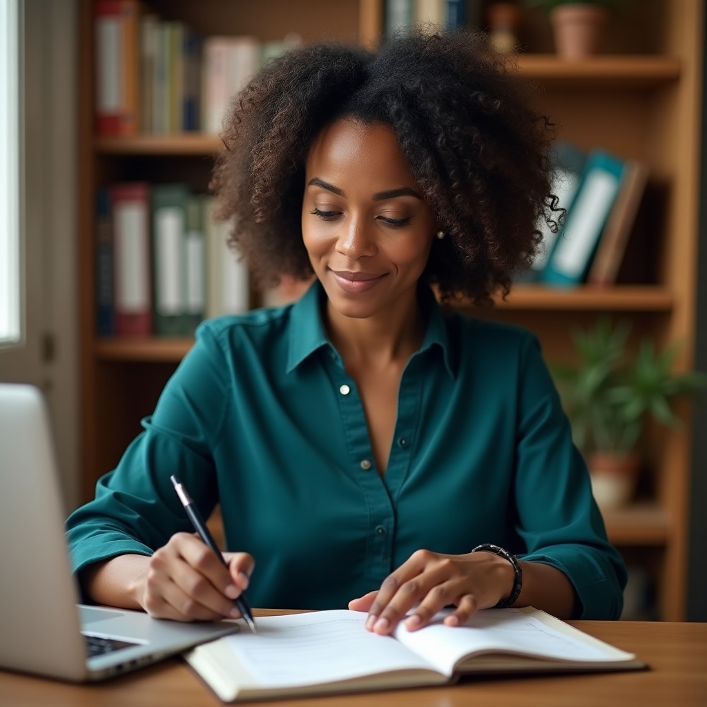 Instructor sitting at a desk with a notebook, reviewing training materials before a session