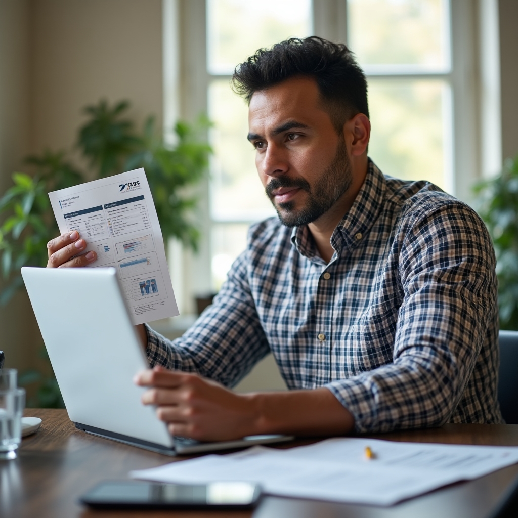 Professional reviewing a printed report alongside a laptop screen showing the same data in a dashboard