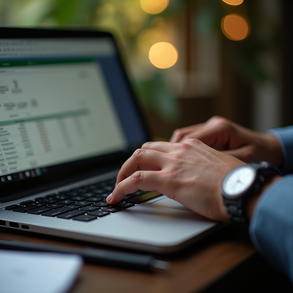 Close-up of hands typing a formula into a spreadsheet on a laptop keyboard
